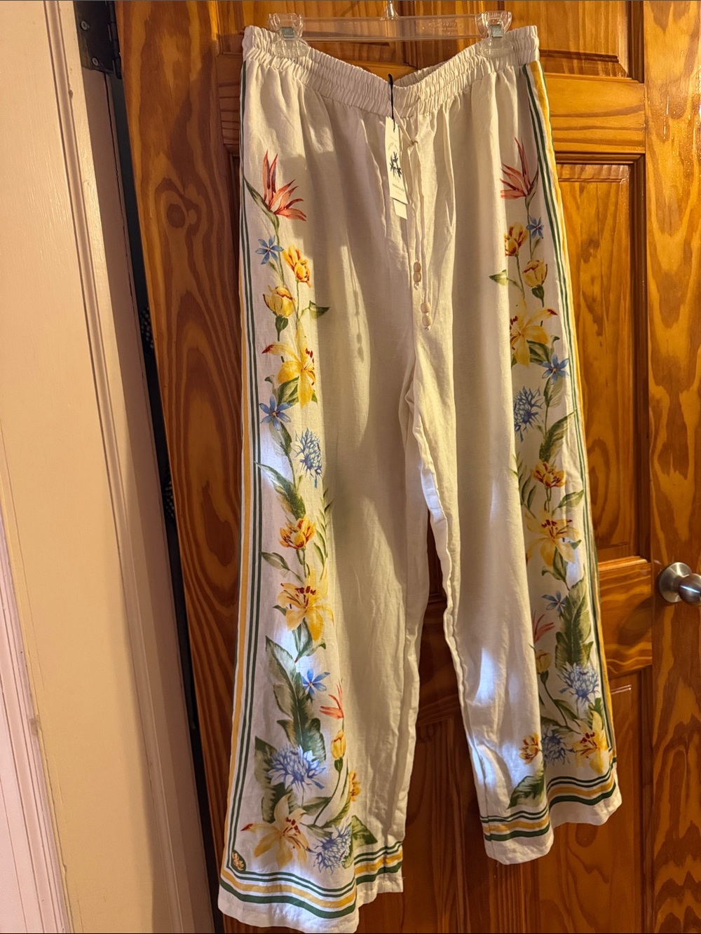 Rachel Zoe Cream Wide-Leg Pants with Yellow Floral Side Panels